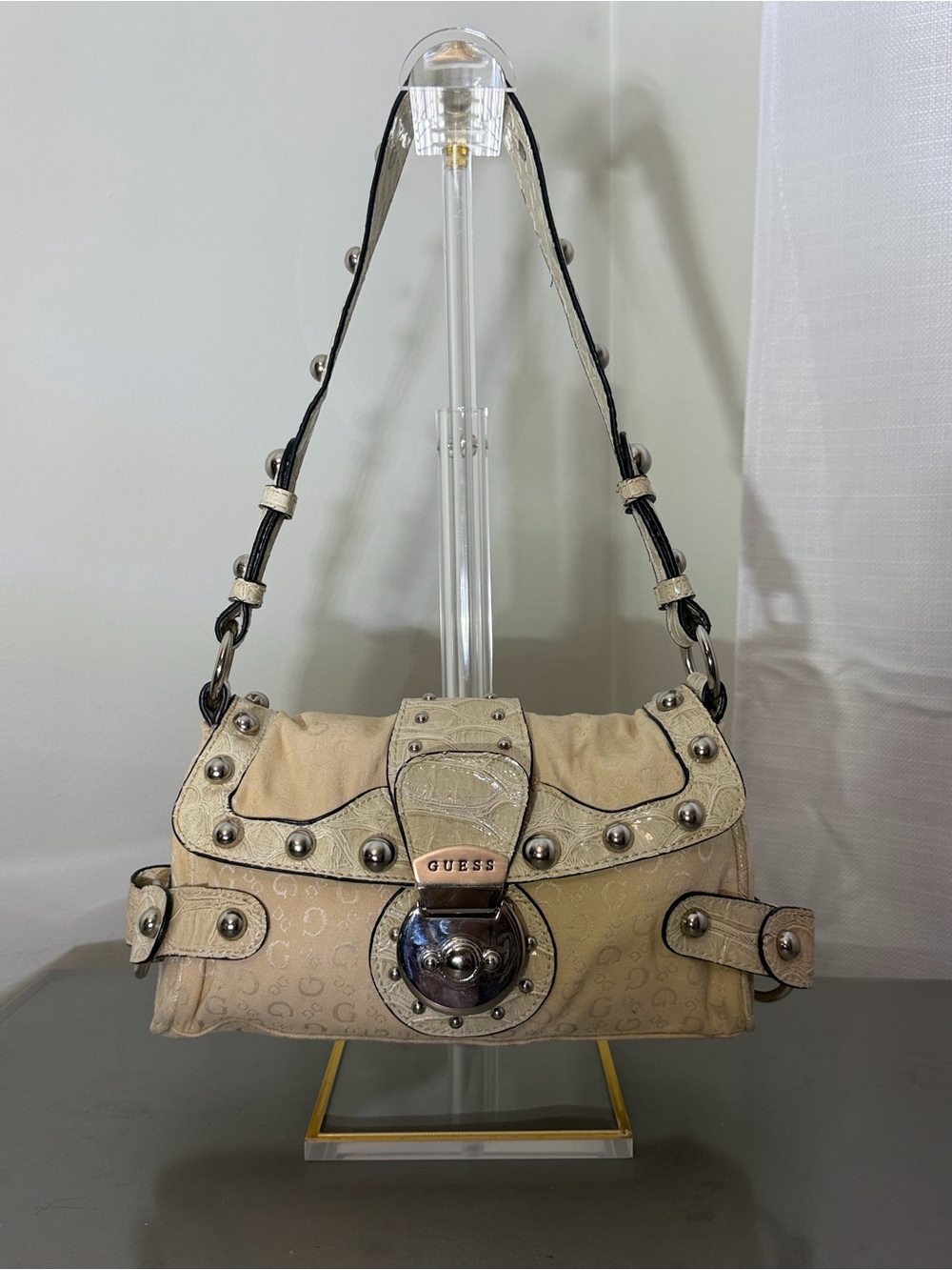 GUESS Cream Studded Logo Shoulder Bag #Y2K